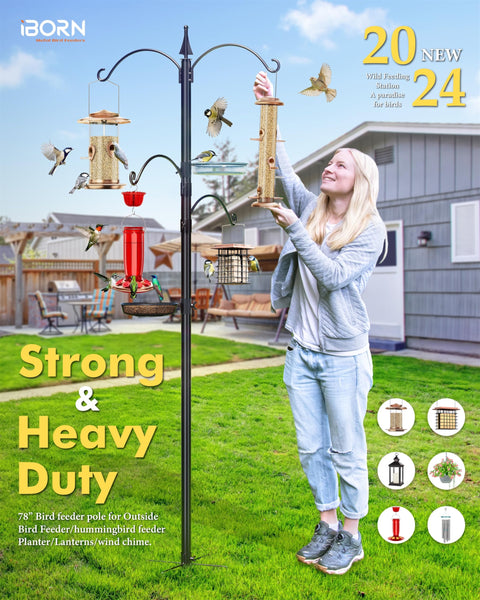 iBorn Bird Feeders Hanging Station 87Inch Wild Bird Feeding Station Pole Stand Outdoors Heavy Duty,2 Fixed & 2 Adjustable Hooks & 2 Trays, 5-Prong