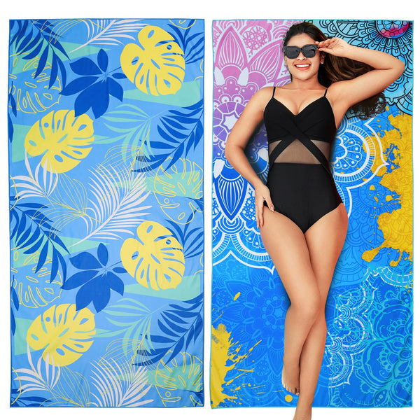 Winthome Beach Towel, Extra Large Microfibre Beach Towel for Adult, Double Sides Sand Free Quick Dry lightweight Travel Swimming Towel(Pink + Green, 90×180cm - 2 pack)