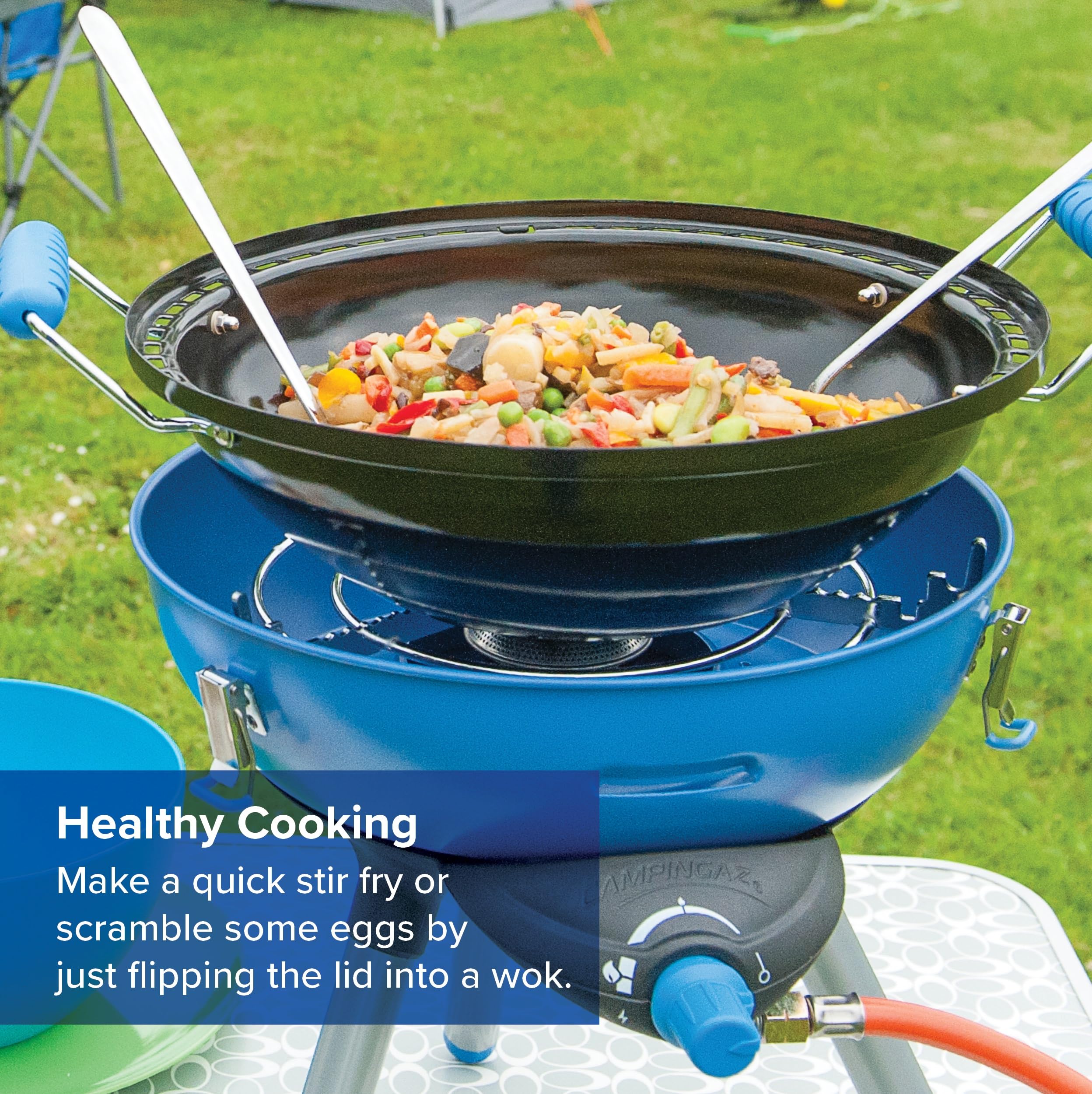 Campingaz Party Grill 400 CV, Camping Stove and Grill, All-in-One Portable Camping BBQ, with Griddle, Grid and Pan Support, Lid Doubles as Wok, Blue