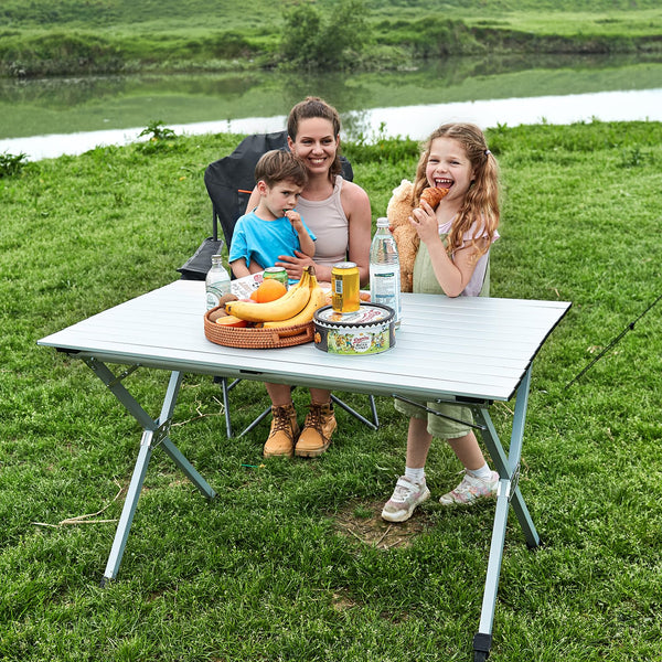 EVER ADVANCED 120X70CM Folding Camping Table with Slatted Top, Aluminium Roll Up Table Height Adjustable, Fold Up for 4-6 People, Folding with
