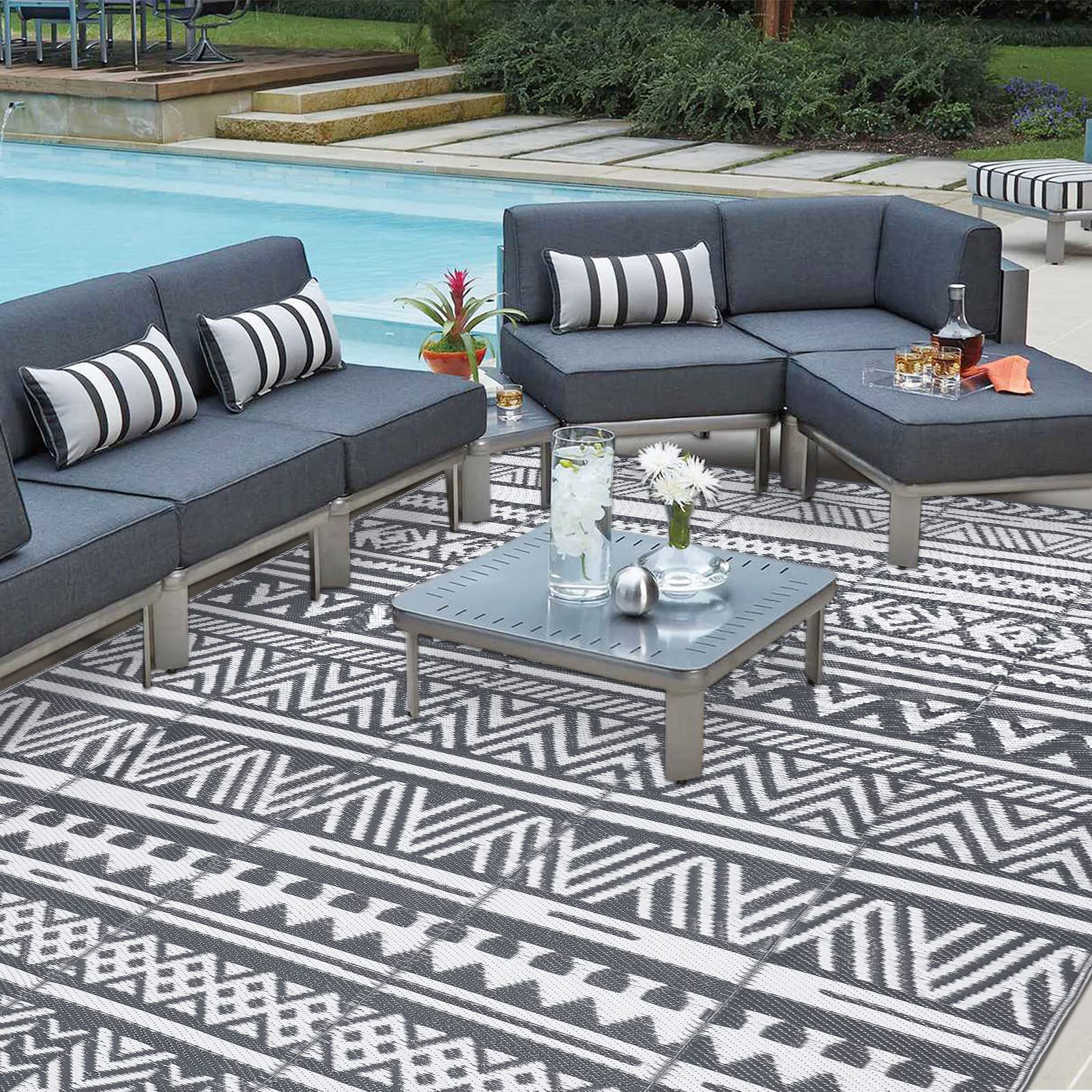 Enyhom Large Grey Outdoor Rug Carpets 180 x 270 cm, Waterproof Picnic Blanket, Plastic Straw Rug Durable Outdoor Patio Carpets for Lawn Pergola