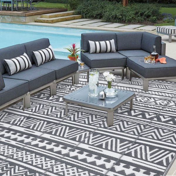 Enyhom Large Grey Outdoor Rug Carpets 180 x 270 cm, Waterproof Picnic Blanket, Plastic Straw Rug Durable Outdoor Patio Carpets for Lawn Pergola