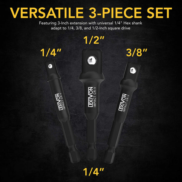 LEXIVON Impact Grade Socket Adapter Set, 3" Extension Bit with Holder | 3-Piece 1/4", 3/8", and 1/2" Drive, Adapt Your Power Drill to High Torque Impact Wrench (LX-101)