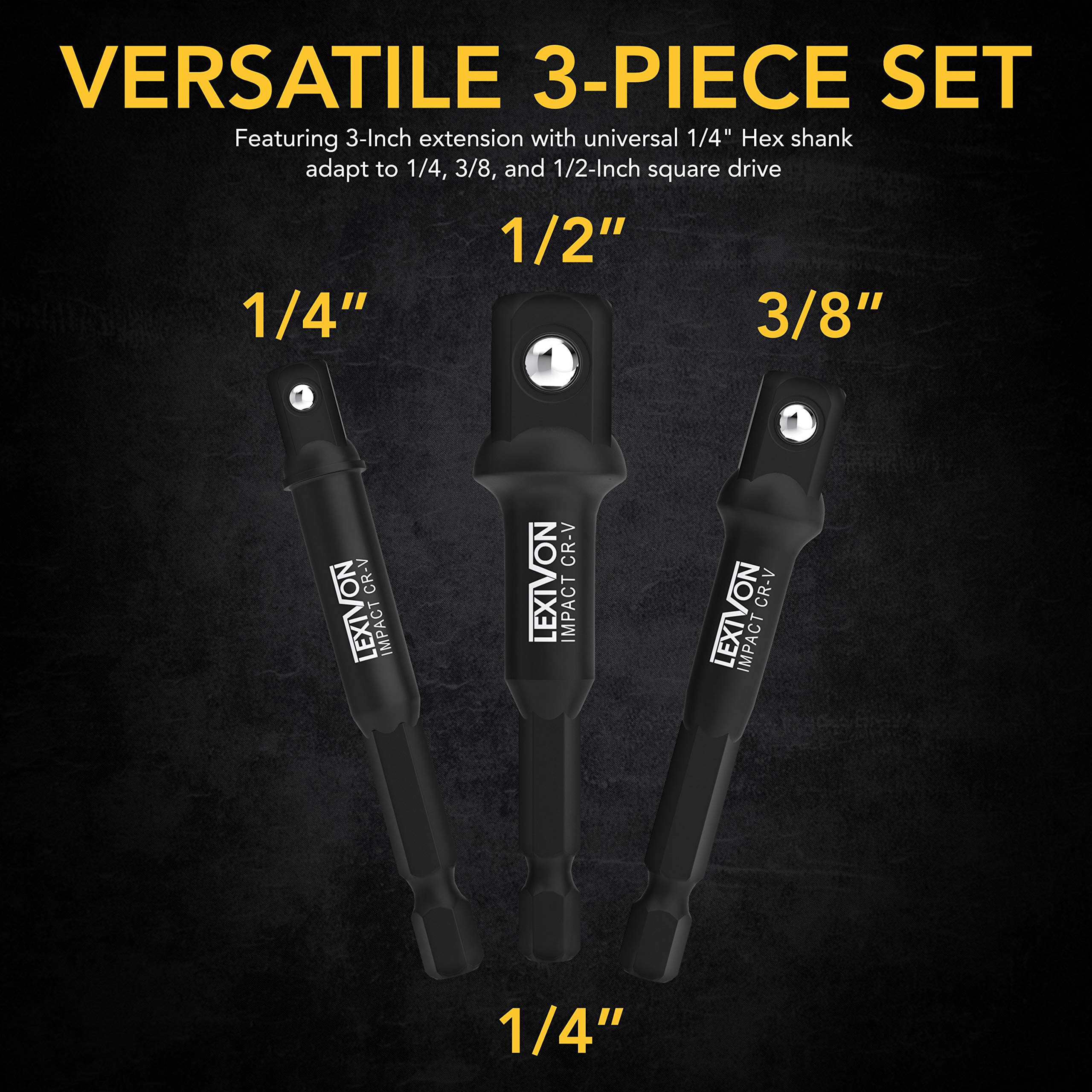 LEXIVON Impact Grade Socket Adapter Set, 3" Extension Bit with Holder | 3-Piece 1/4", 3/8", and 1/2" Drive, Adapt Your Power Drill to High Torque Impact Wrench (LX-101)