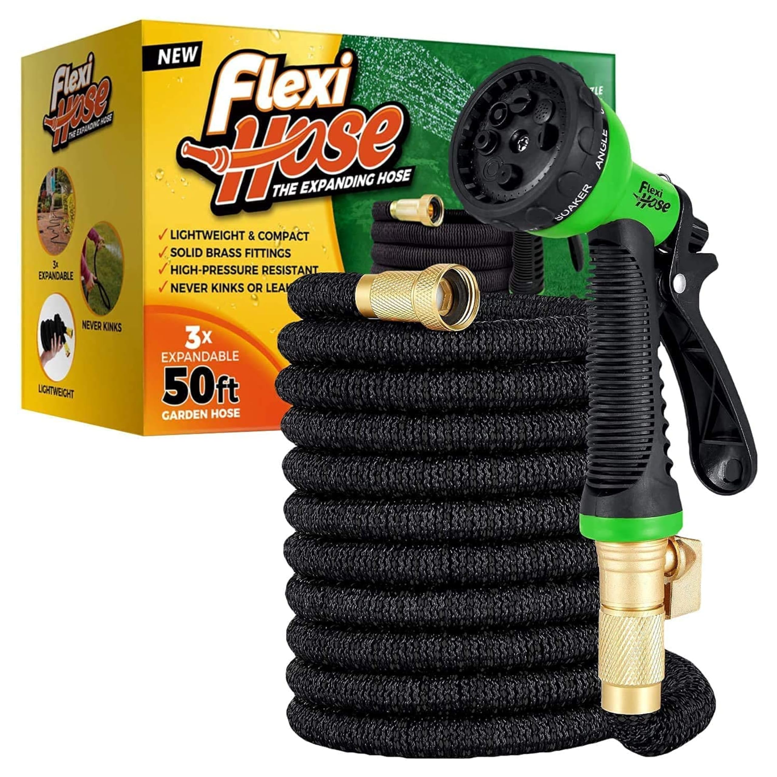 Flexi Hose Upgraded Expandable Garden Hose Pipe Including 8 Function Spray Gun Nozzle - Extra Strength with 2 cm Solid Brass Fittings - No-Kink Flexible Garden Hoses (Orange/Black 15 Metres)