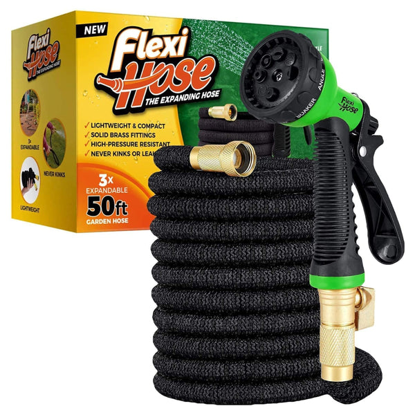 Flexi Hose Upgraded Expandable Garden Hose Pipe Including 8 Function Spray Gun Nozzle - Extra Strength with 2 cm Solid Brass Fittings - No-Kink Flexible Garden Hoses (Orange/Black 15 Metres)