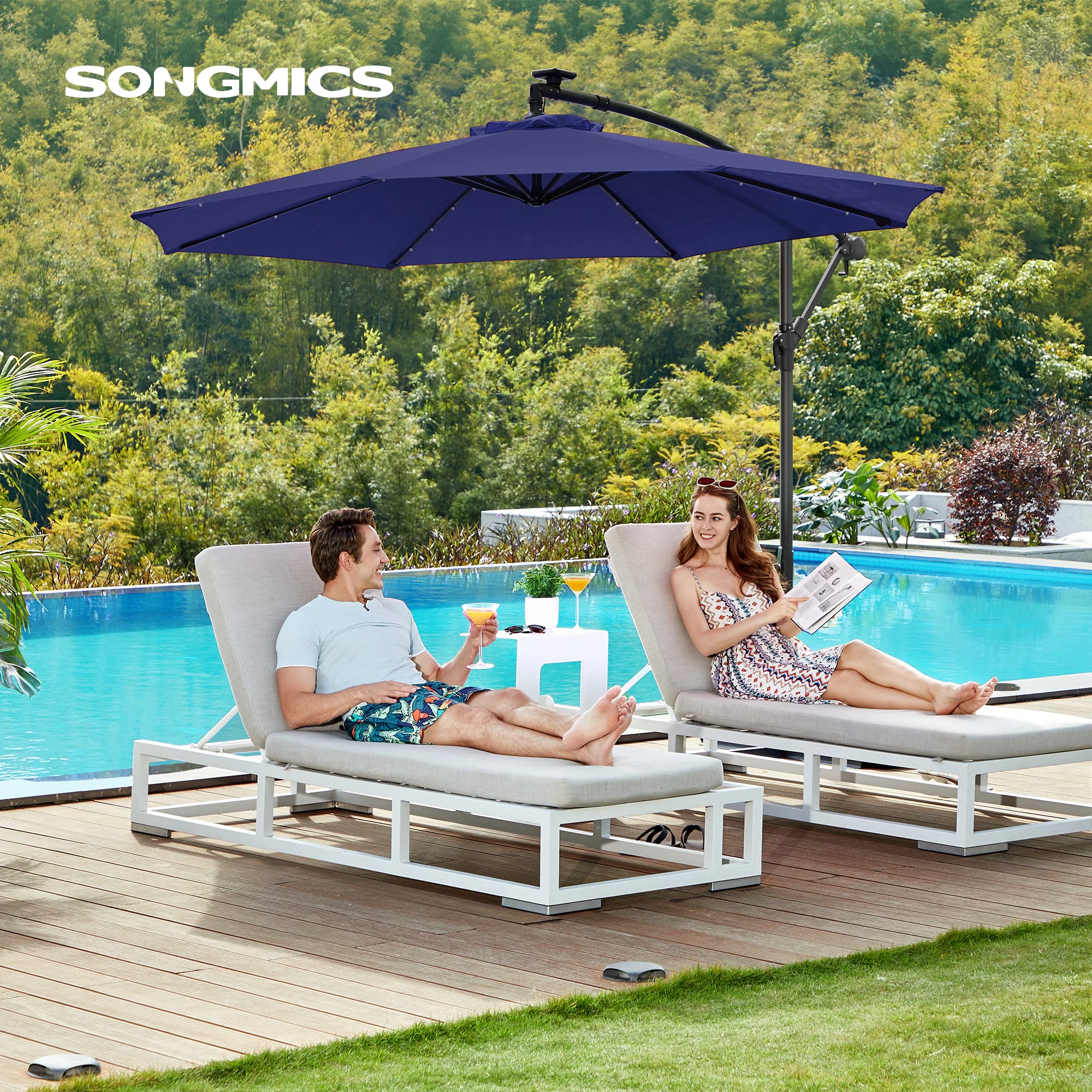 SONGMICS Cantilever Garden Parasol with Solar-Powered LED Lights, 3 m Banana Patio Umbrella with Base, Crank for Opening Closing, Sunshade with Protection UPF 50+, Beige GPU118M01