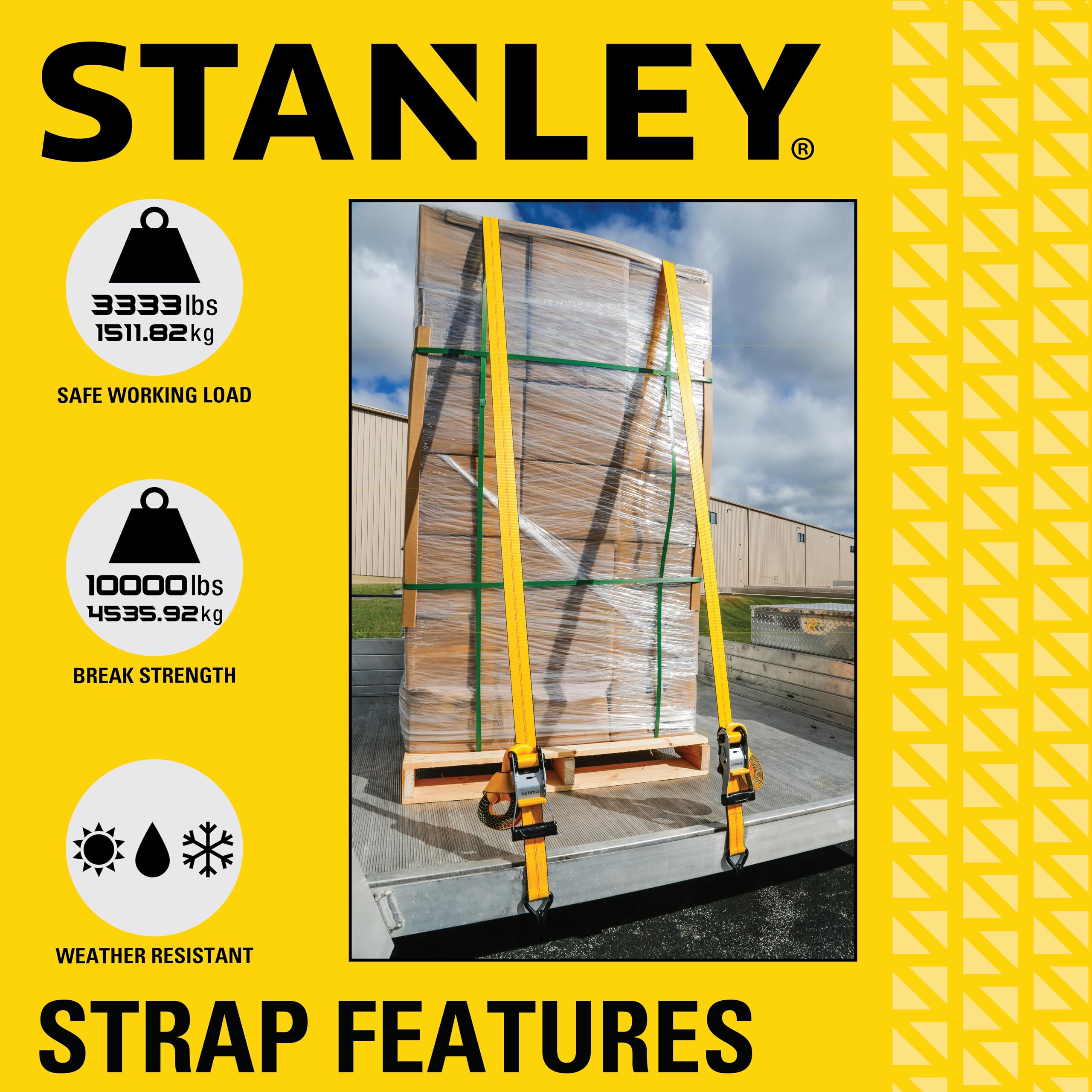 STANLEY S1007 Black/Yellow 1.5" x 16' Ratchet Tie Down Straps - 1,100 lb Safe Working Load / 3,300 lb Break Strength, 2 Pack
