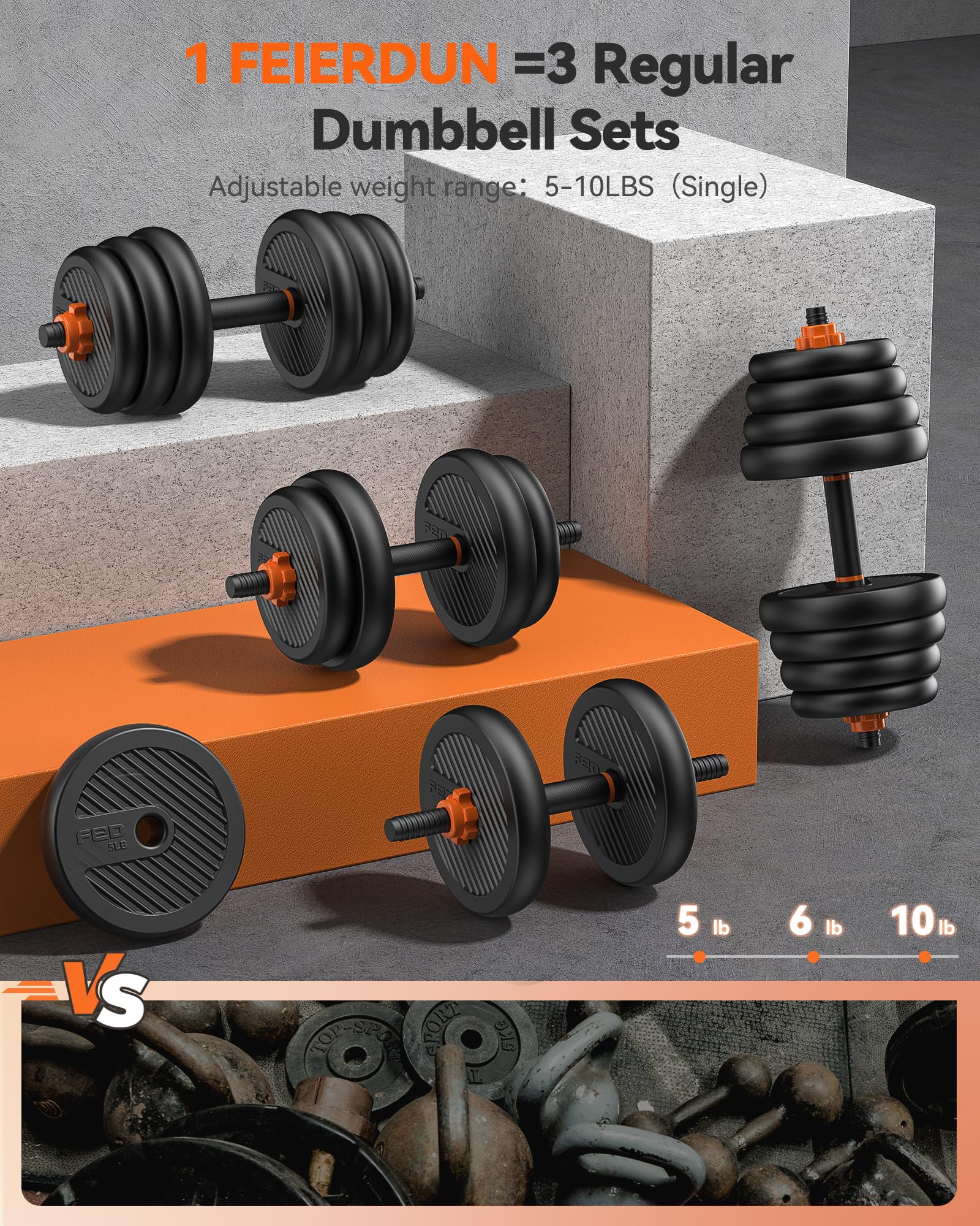 FEIERDUN Adjustable Dumbbells, 20lbs Free Weight Set with Connector, 4 in1 Dumbbells Set Used as Barbell, Kettlebells, Push up Stand, Fitness