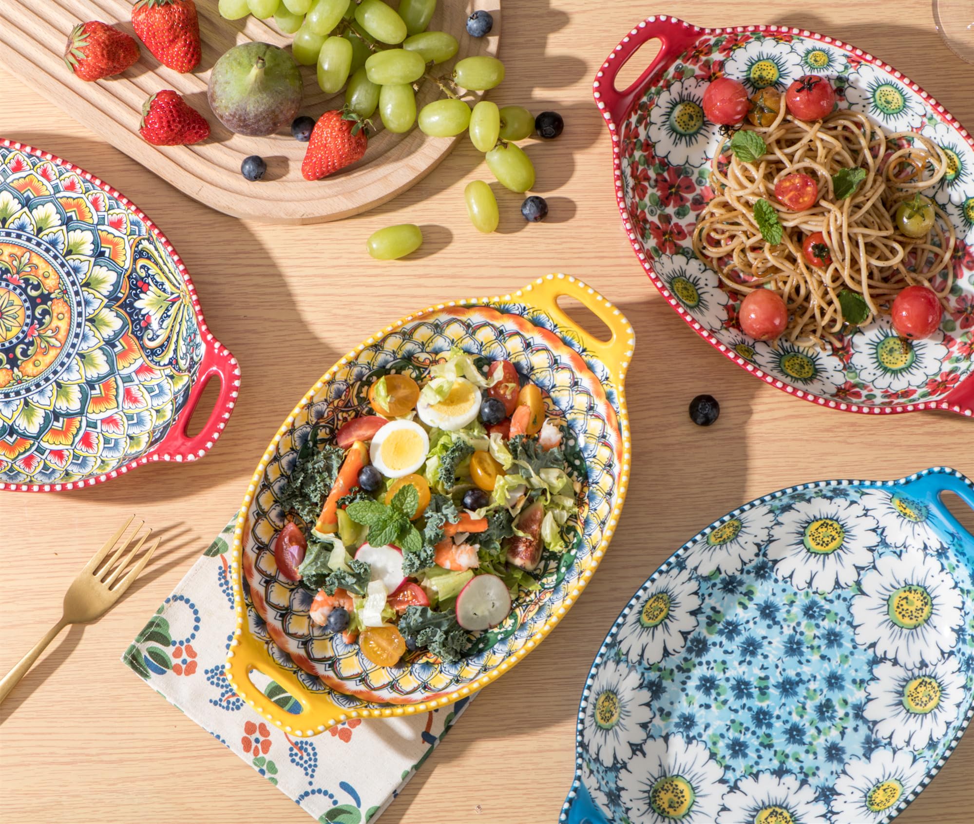 Henten Home Salad Bowl Set of 4, Porcelain Large Pasta Bowl/Fruit Bowls with Handles - 32 OZ, Vibrant Colour Large Bohemian Bowls Serving Dishes for