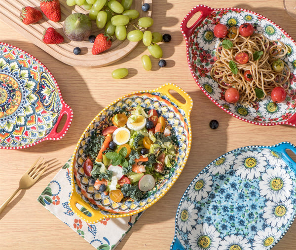 Henten Home Salad Bowl Set of 4, Porcelain Large Pasta Bowl/Fruit Bowls with Handles - 32 OZ, Vibrant Colour Large Bohemian Bowls Serving Dishes for