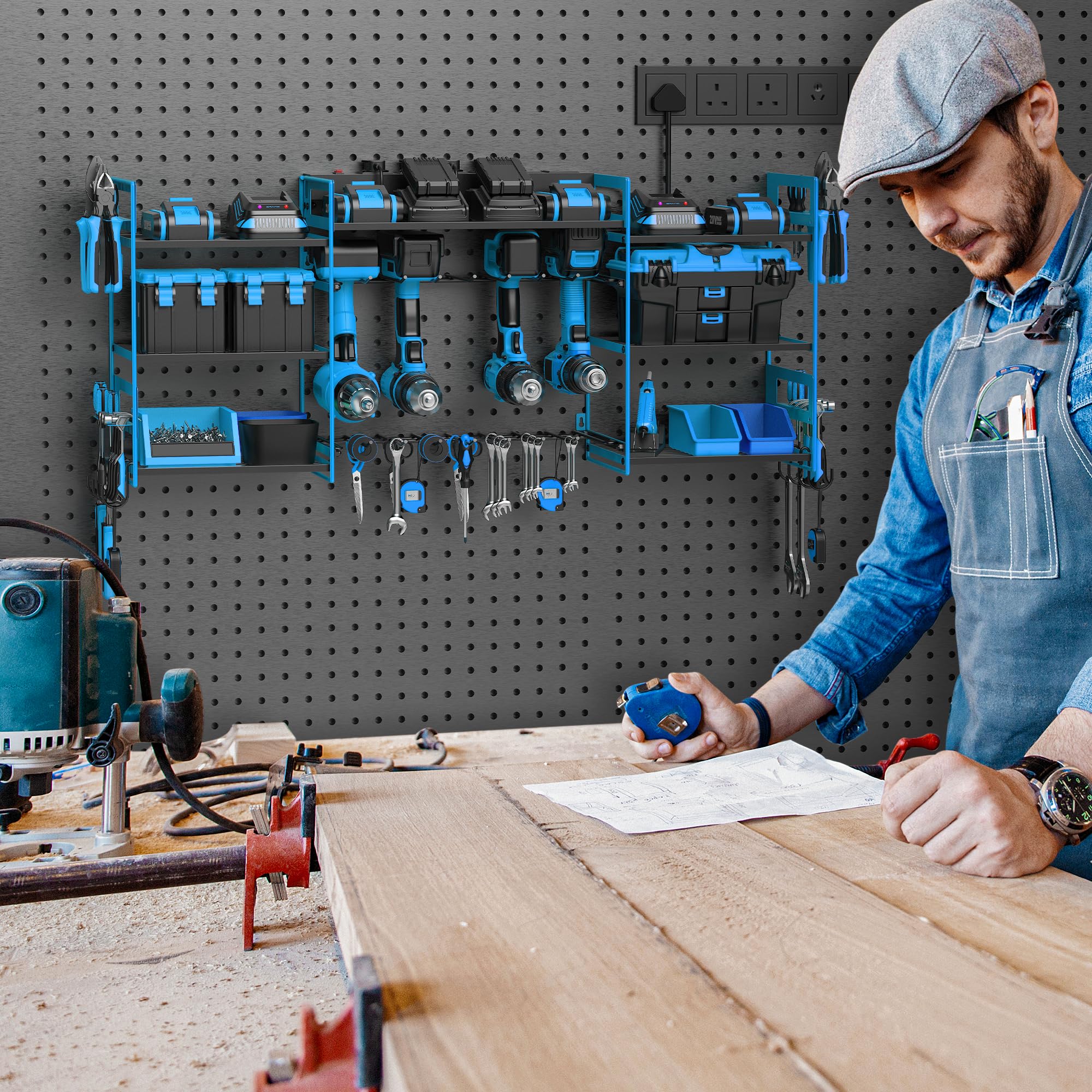 Power Tool Organizer with 6 Way Extension Lead,Large Tools Charging Station,8 Power Drill Tools Heavy Duty Drill Holder Wall Mounted Rack Utility Metal Tool Shelf Storage Organiser for Garage