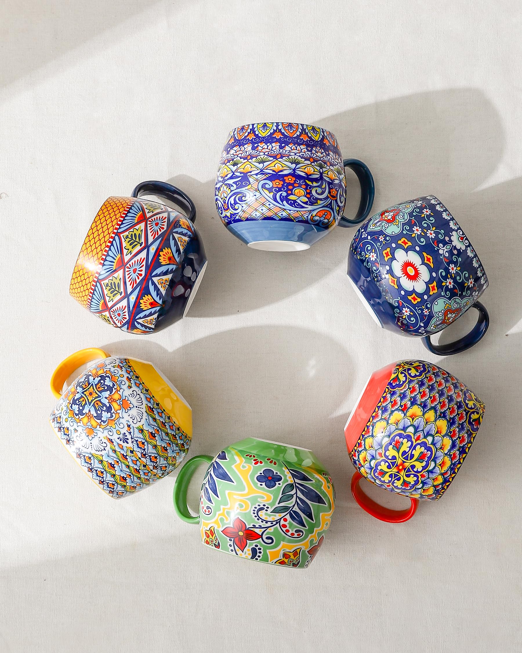 HENXFEN LEAD Cappuccino Cups Set, 600ml Porcelain Coffee Cups with Handle, 6 Pack of Porcelain Cups for Tea Coffee Milk Cappuccino with Pattern and