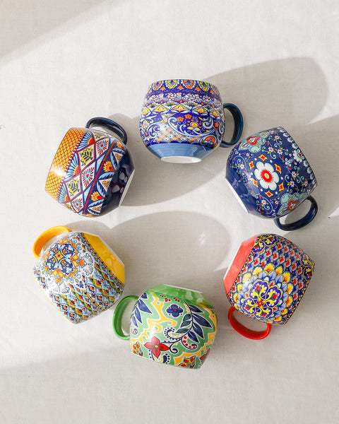 HENXFEN LEAD Cappuccino Cups Set, 600ml Porcelain Coffee Cups with Handle, 6 Pack of Porcelain Cups for Tea Coffee Milk Cappuccino with Pattern and