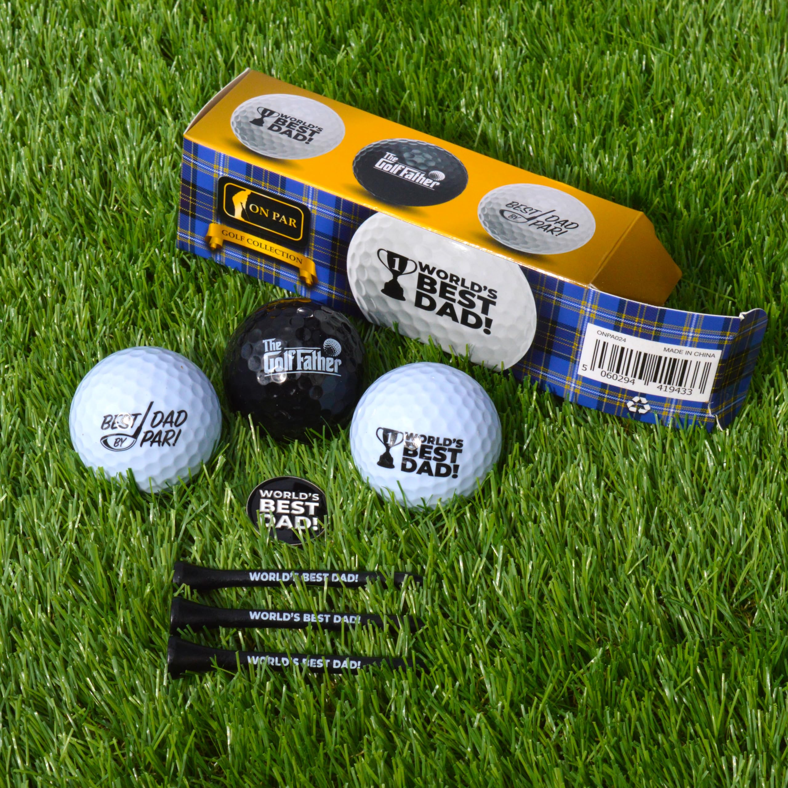 On Par Dad & Grandad Golf Balls Gift Pack - Includes Golf Tees, Ball Marker - Gag, Novelty Present - World's Best Dad, Golf Gifts for Men
