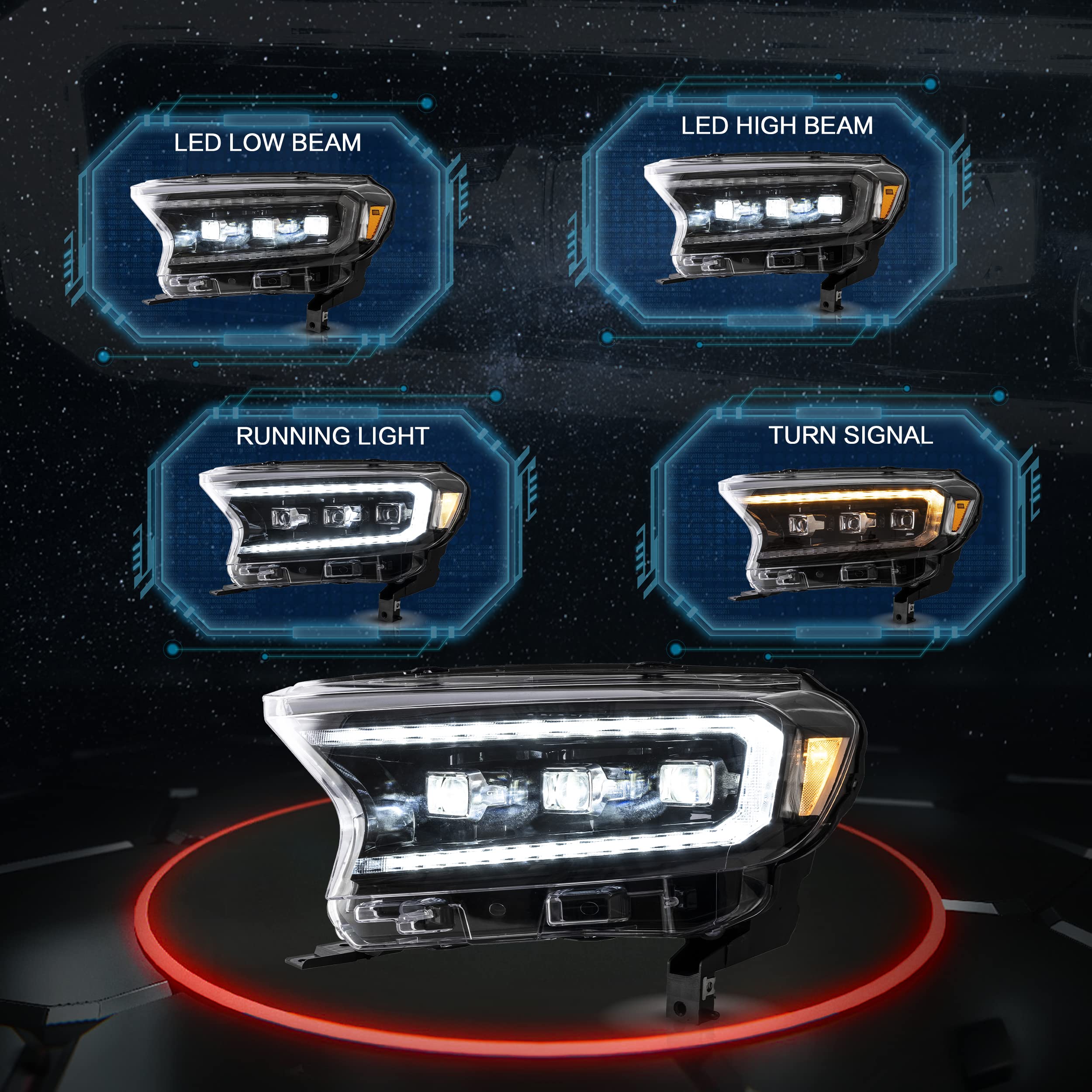 VLAND Headlight Suitable for Ranger T6 T7 T8 T8 XL XLT Wildtrak Raptor 2015-2020 with Sequential Daytime Running Light (LED Matrix, Yellow Reflector) LHD