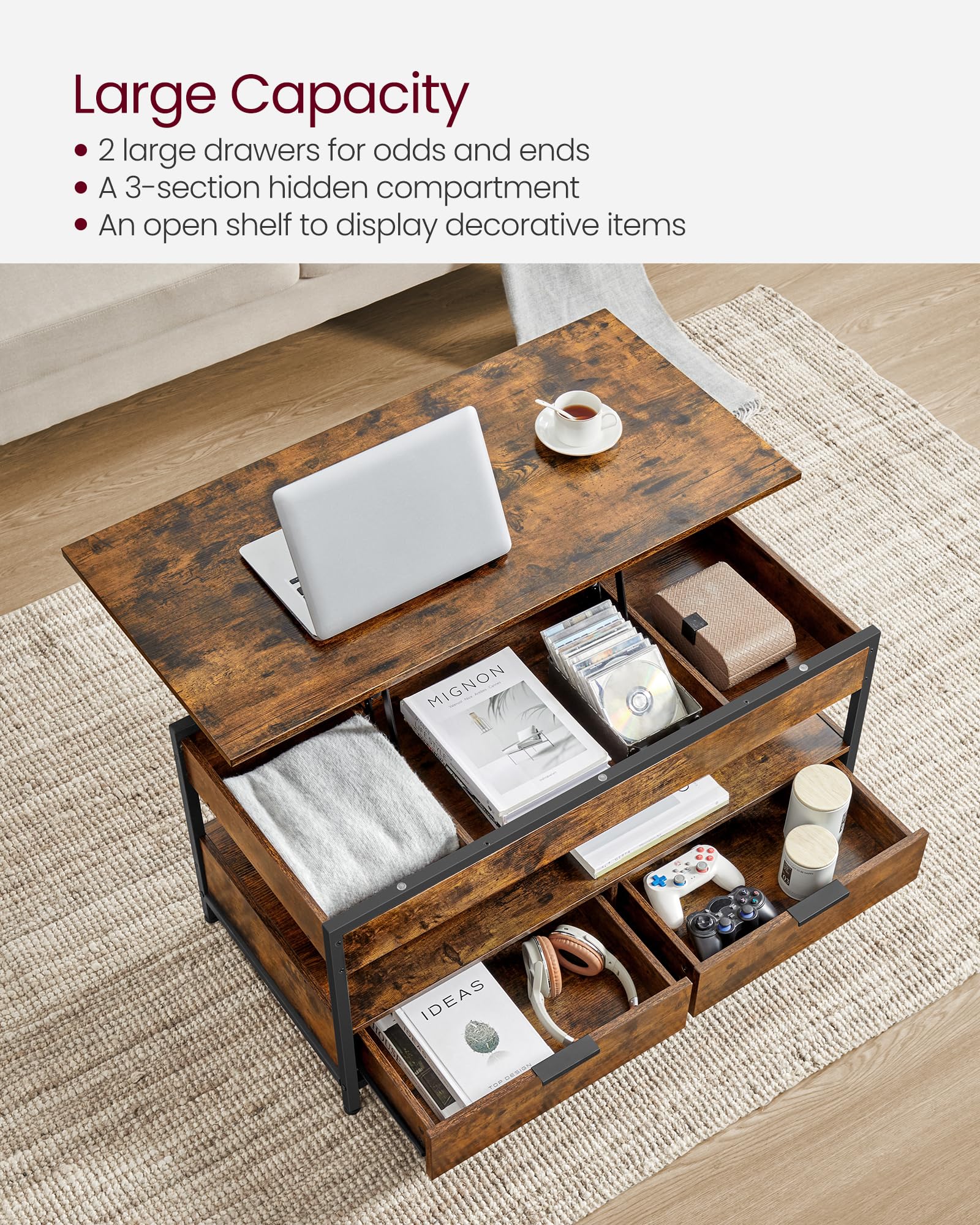 VASAGLE Lift Top Coffee Table, Living Room Table, with Storage Drawers, Hidden Compartments, and Open Shelf, Rustic Brown and Ink Black LCT209K01
