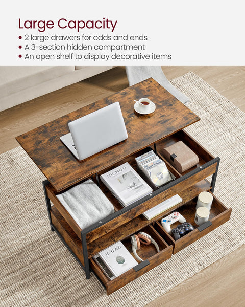 VASAGLE Lift Top Coffee Table, Living Room Table, with Storage Drawers, Hidden Compartments, and Open Shelf, Rustic Brown and Ink Black LCT209K01