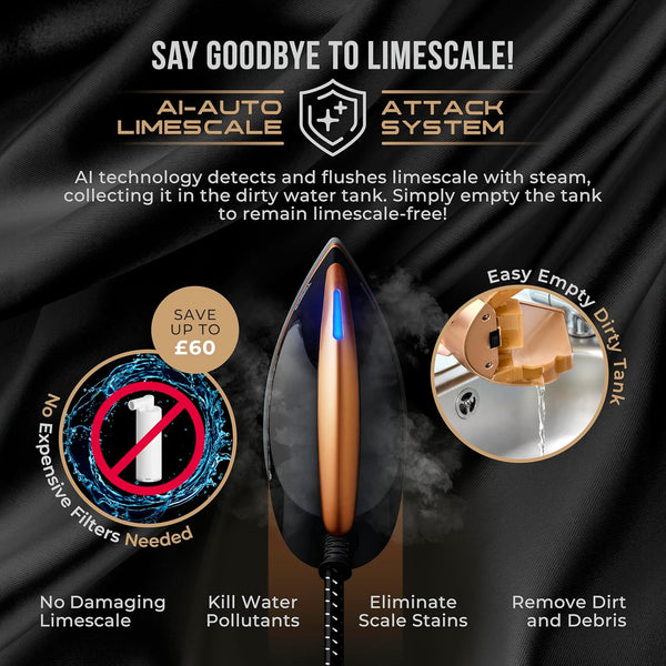 Tower T22030GLD PureSteam Infinity Xpress 8 Bar Steam Generator Iron, Ceraglide NanoElite Soleplate, AI-Auto Limescale Attack System, One Temp Technology, 1.5L Dual Tank Capacity, 3000W, Black & Gold