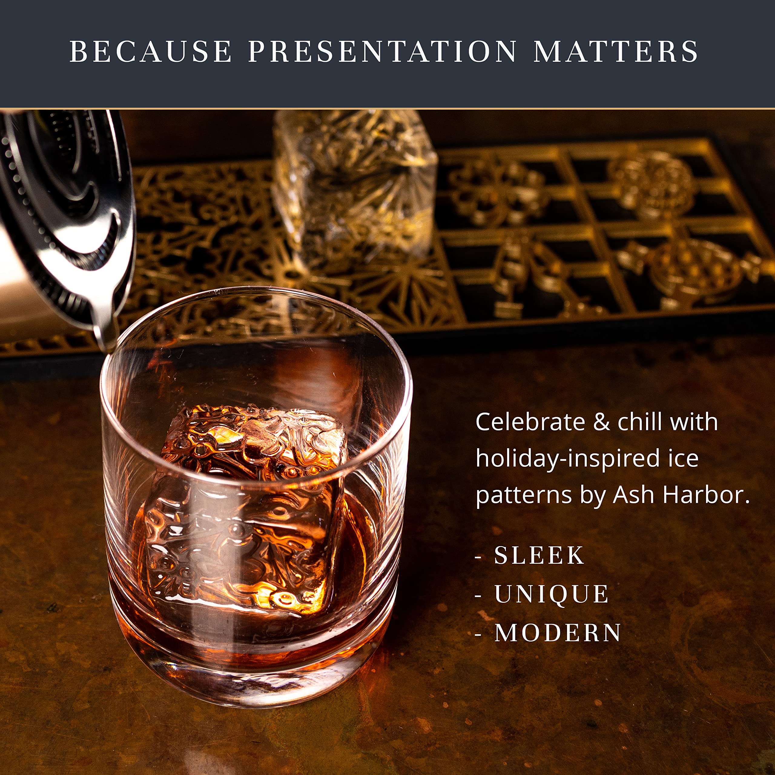 Ice Designer Tray  Craft Modern Ice Molds for Whiskey, Bourbon, & Cocktails in 5 Seconds  Whiskey Ice Mold Ice Cube Stamp  Bartender Accessories