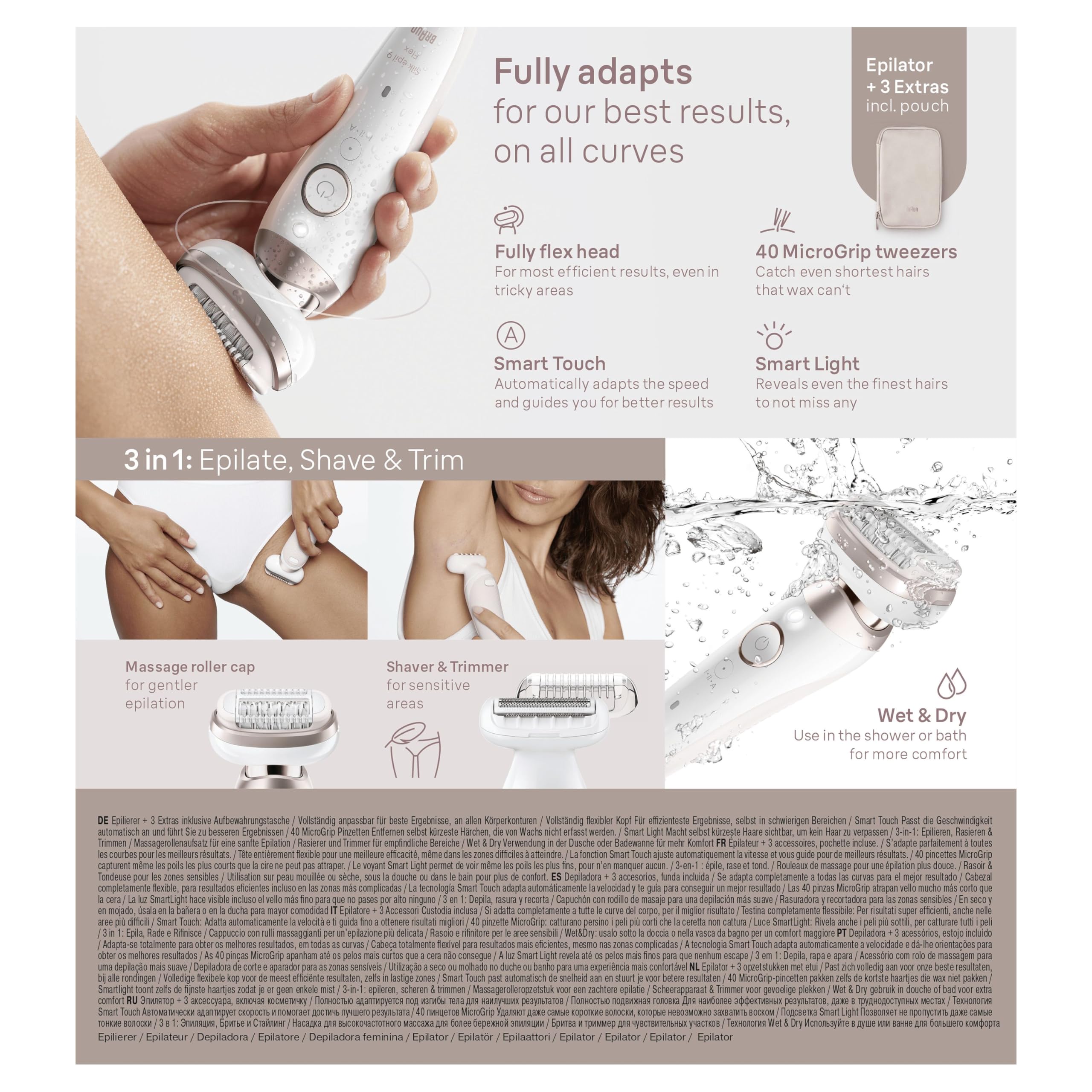 Braun Silk-épil 9 Flex SkinSpa, Epilator with 360° Flexible Head for Easy Hair Removal, Wet & Dry, Lasting Smooth Skin, All-in-One Kit, with Body Mini Shaver, SES9-481 3D, White/Gold