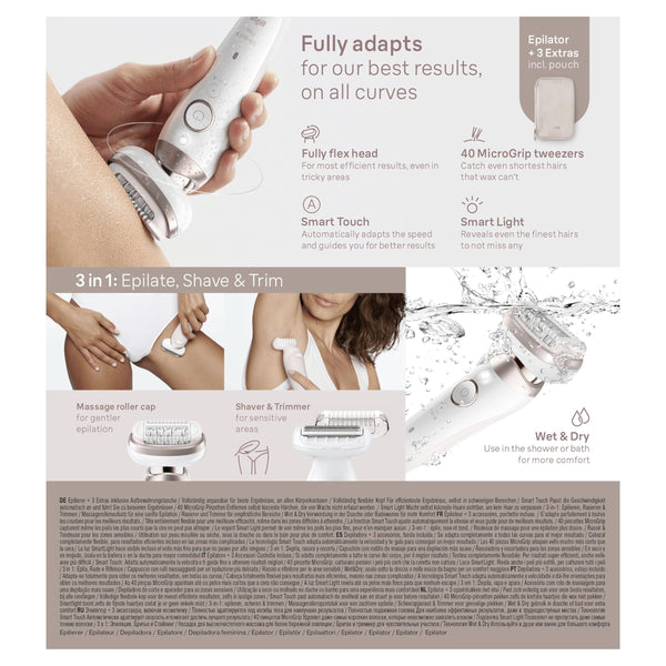 Braun Silk-épil 9 Flex SkinSpa, Epilator with 360° Flexible Head for Easy Hair Removal, Wet & Dry, Lasting Smooth Skin, All-in-One Kit, with Body Mini Shaver, SES9-481 3D, White/Gold