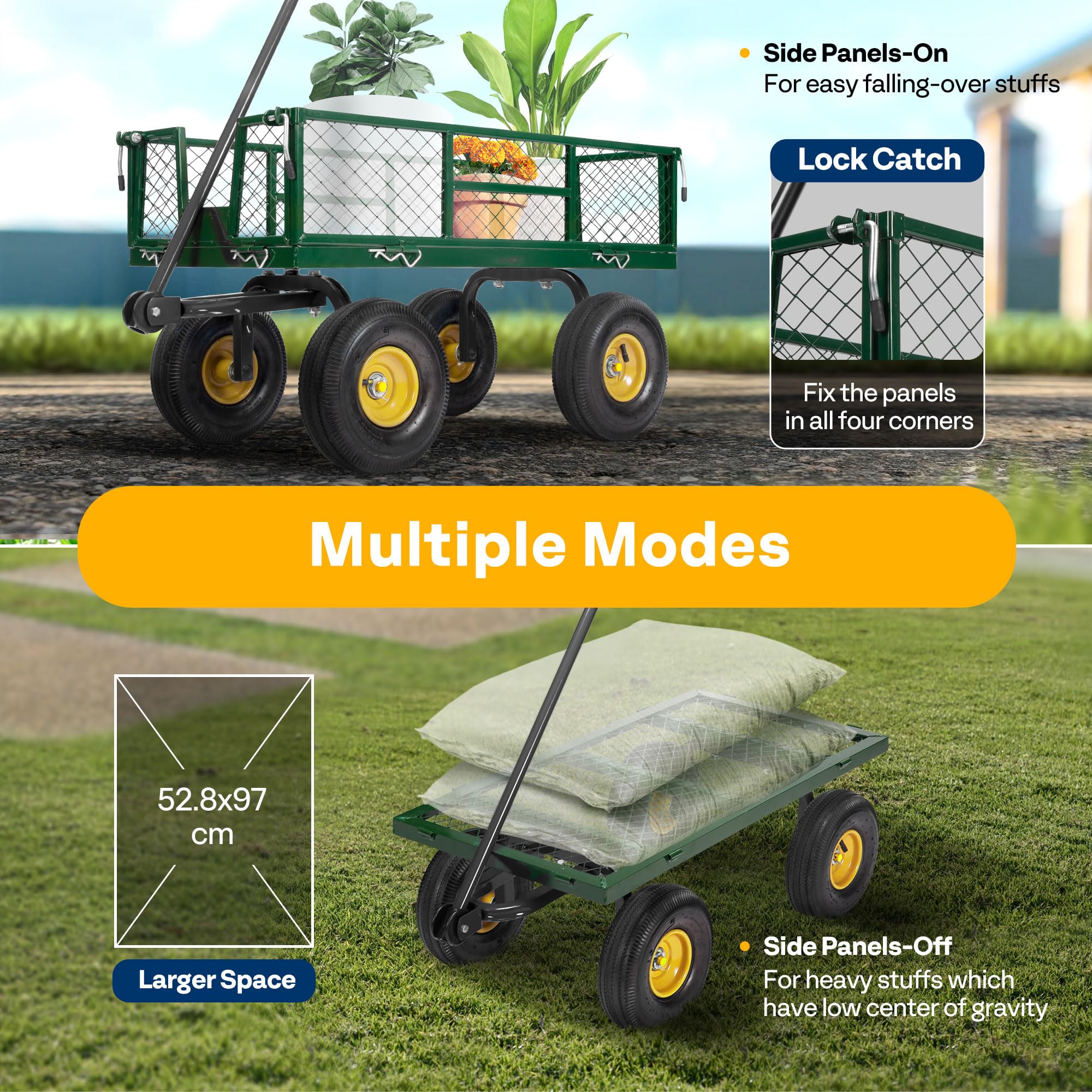 VIVOHOME Hand Trolley 400kg Capacity Durable Transport Cart with 10cm Pneumatic Tires and 180° Rotatable 80cm Handle Heavy Duty Metal Grids for Garden and Camping