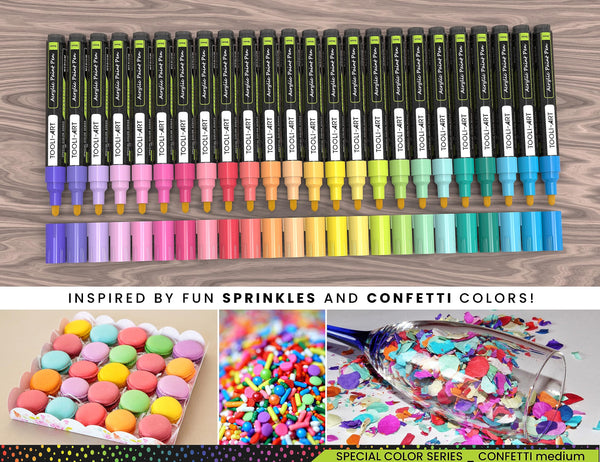 24 Confetti Colours Acrylic Paint Pens Markers Set 3mm Medium Tip, Rock Painting, Glass, Mugs, Wood, Metal, Canvas, Pottery, Plastic, DIY Projects,