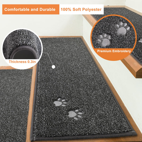 BEQHAUSE Stair-Treads-for-Wooden-Steps-Non-Slip Machine Washable Carpet Stair Treads 22x71cm Soft Indoor Stair Runner for Kids Elders and Pets 100%