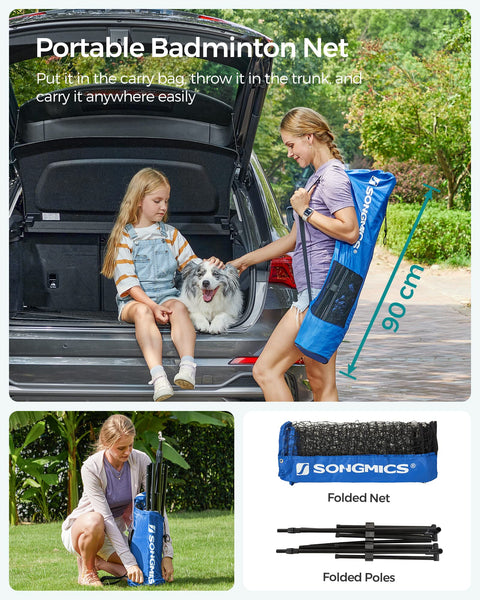 SONGMICS 3 m Badminton Net, Volleyball Net, Adjustable Poles Height, Portable Set for Tennis