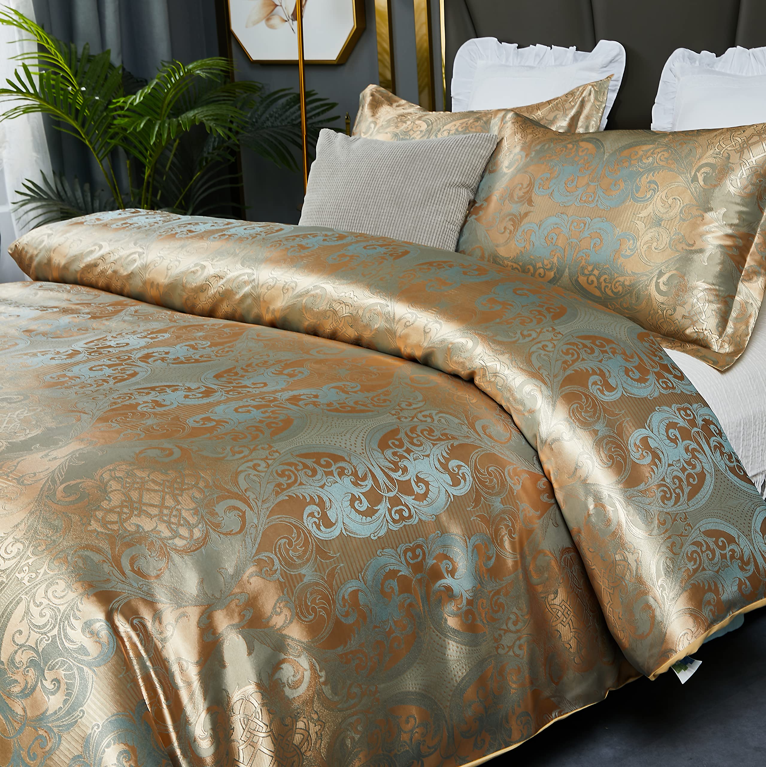 HMtideby Jacquard Duvet Cover Set Double Microfiber Bedding Sets 3 pcs Gold Duvet Quilt Cover with 2 Matching Pillow Cases 200x200cm