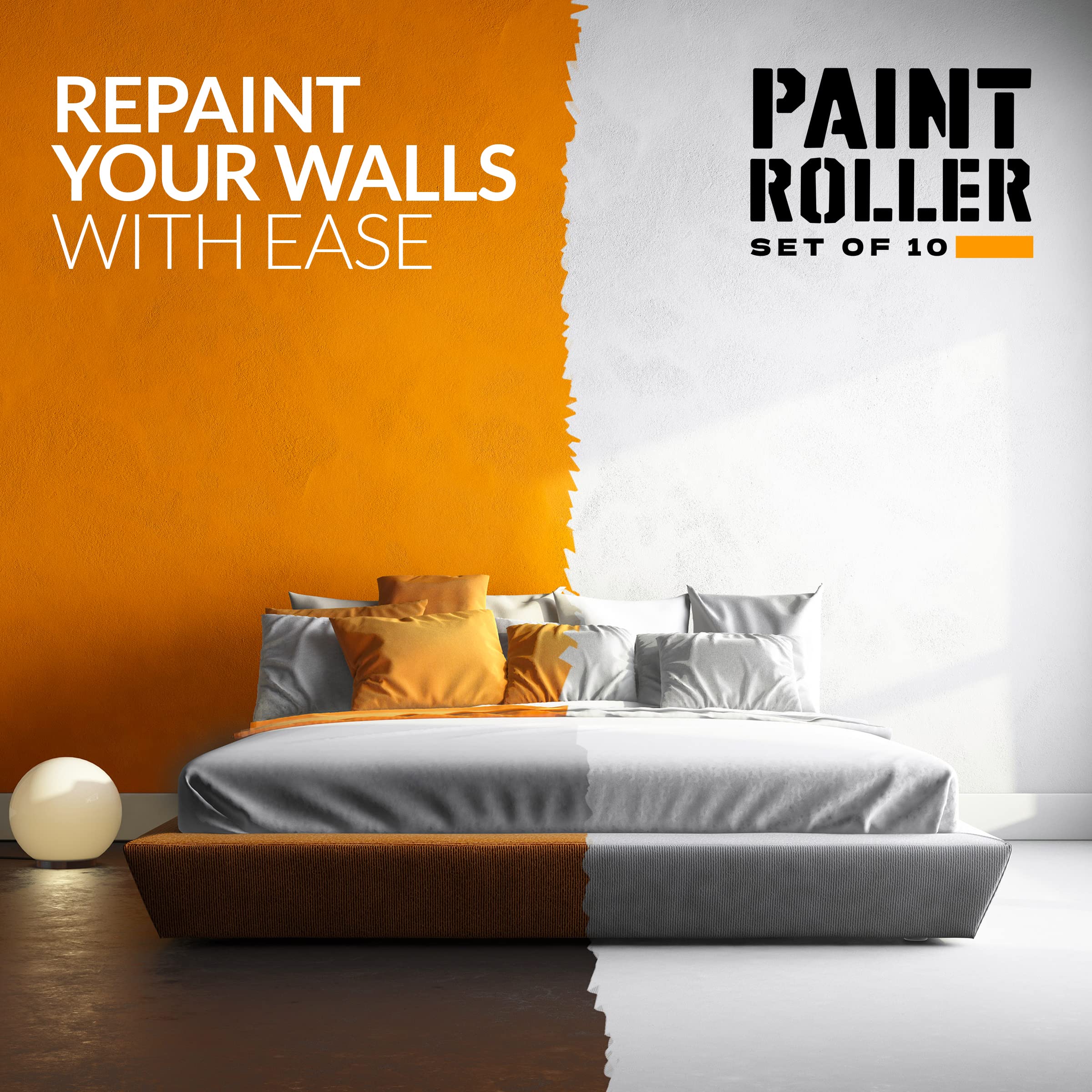 RAULDE 10 Pieces Paint Roller Set - Includes a Paint Tray, Brush, Large and Mini Rollers & Sleeves, Paint Repellent Masking Tape, Paint Mixer - Roller Set for Painting Walls, Edges & Ceilings