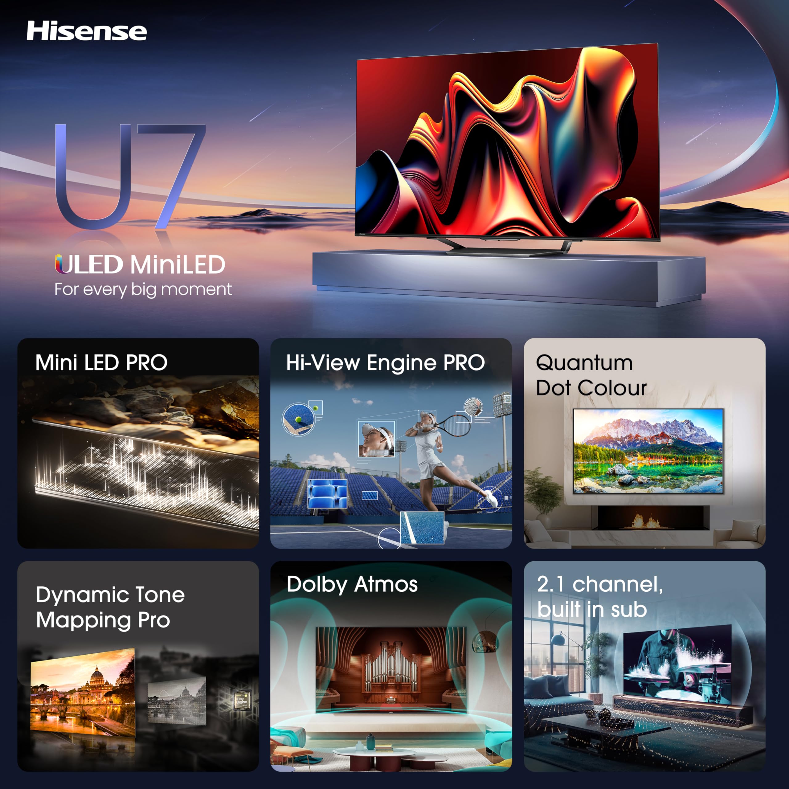Hisense 55 Inch 4K Mini-LED TV 55U6NQTUK - Quantum Dot Colour, Dolby Vision Atmos, Hi-View Engine, FilmMaker Mode, Vidaa OS with Voice Control, Freely, Youtube, Netflix and Disney+ (2024 Model)