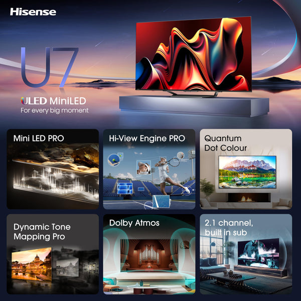 Hisense 55 Inch 4K Mini-LED TV 55U6NQTUK - Quantum Dot Colour, Dolby Vision Atmos, Hi-View Engine, FilmMaker Mode, Vidaa OS with Voice Control, Freely, Youtube, Netflix and Disney+ (2024 Model)