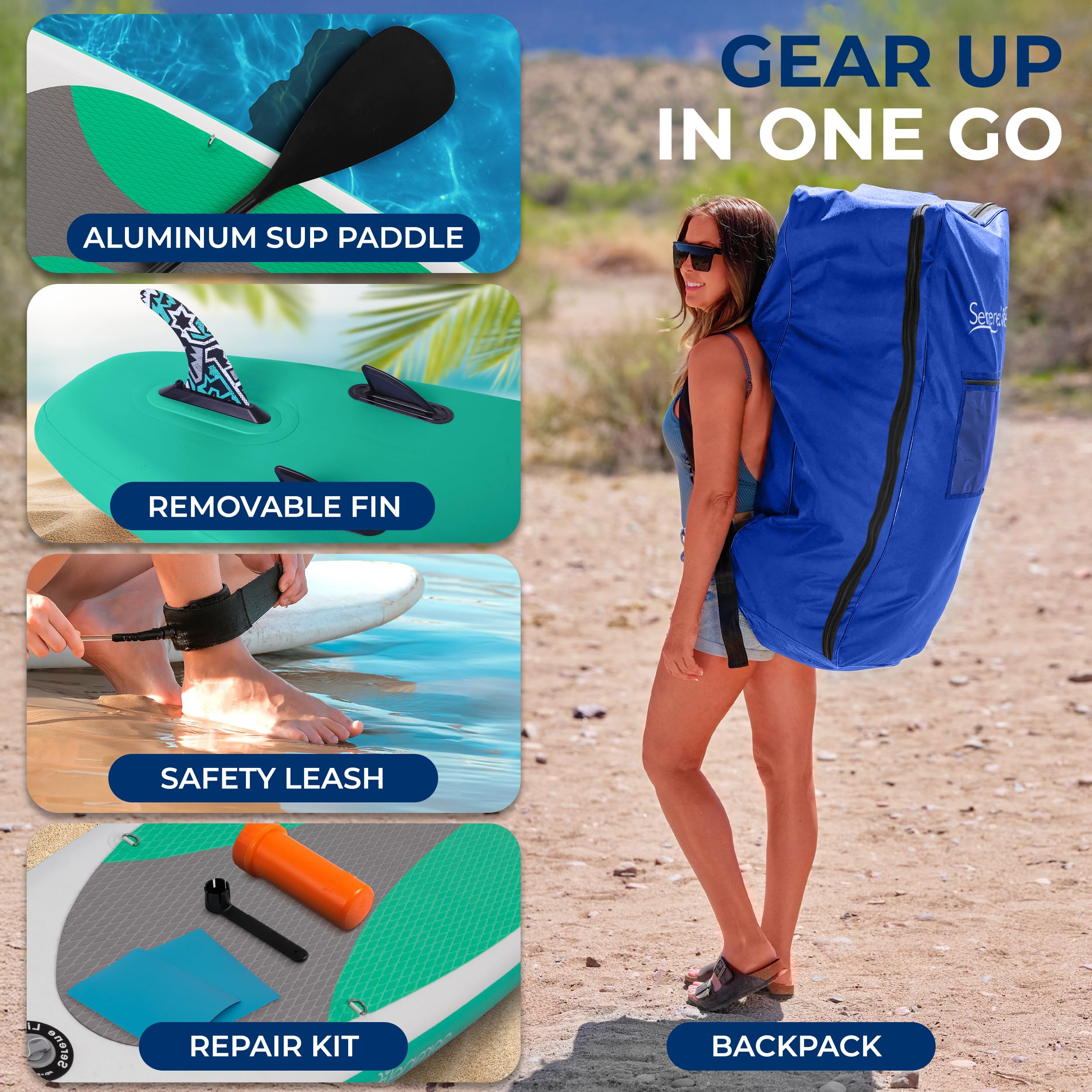 SereneLife Inflatable Stand Up Paddle Board, SUP Board- Paddleboards for Adults & Youth, Surfing Board Kit, 0.63cm Thick Standup Paddleboarding, Non-Slip Deck, Wide Stance, Surf Control w/Backpack