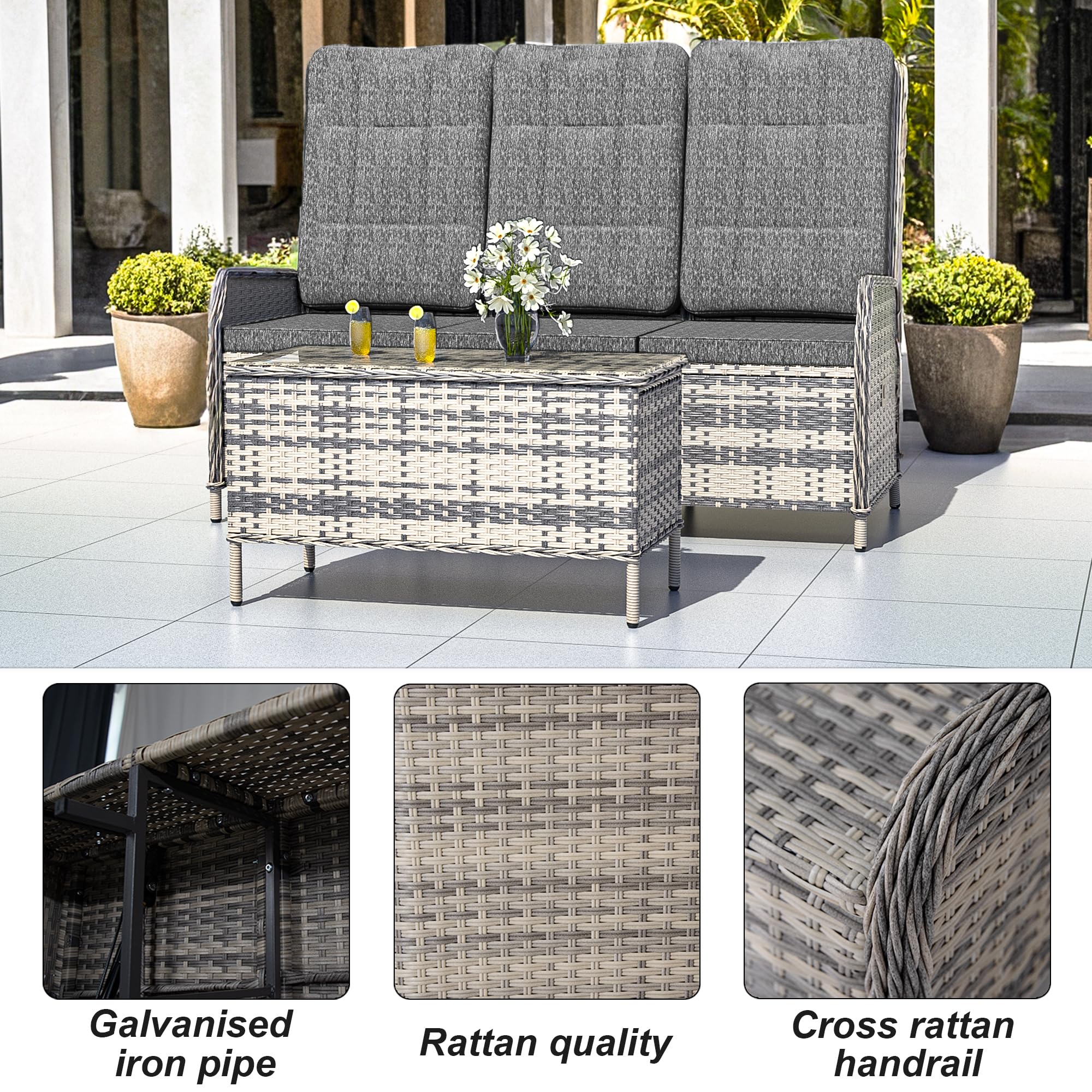 Trumbeak Polyrattan Lounge Set - 3 People Garden Furniture Seating Set Table - Seat Set with Adjustable Backrest Made of Garden Sofa, Side Table for Garden, Black