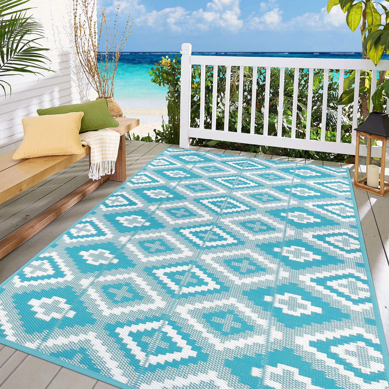 Enyhom Outdoor Indoor Picnic Area Rug, 150 x 240 cm Large Outside Woven Floor Carpet Mat, Durable Foldable Plastic Straw Rug, Recycled UV Resistant