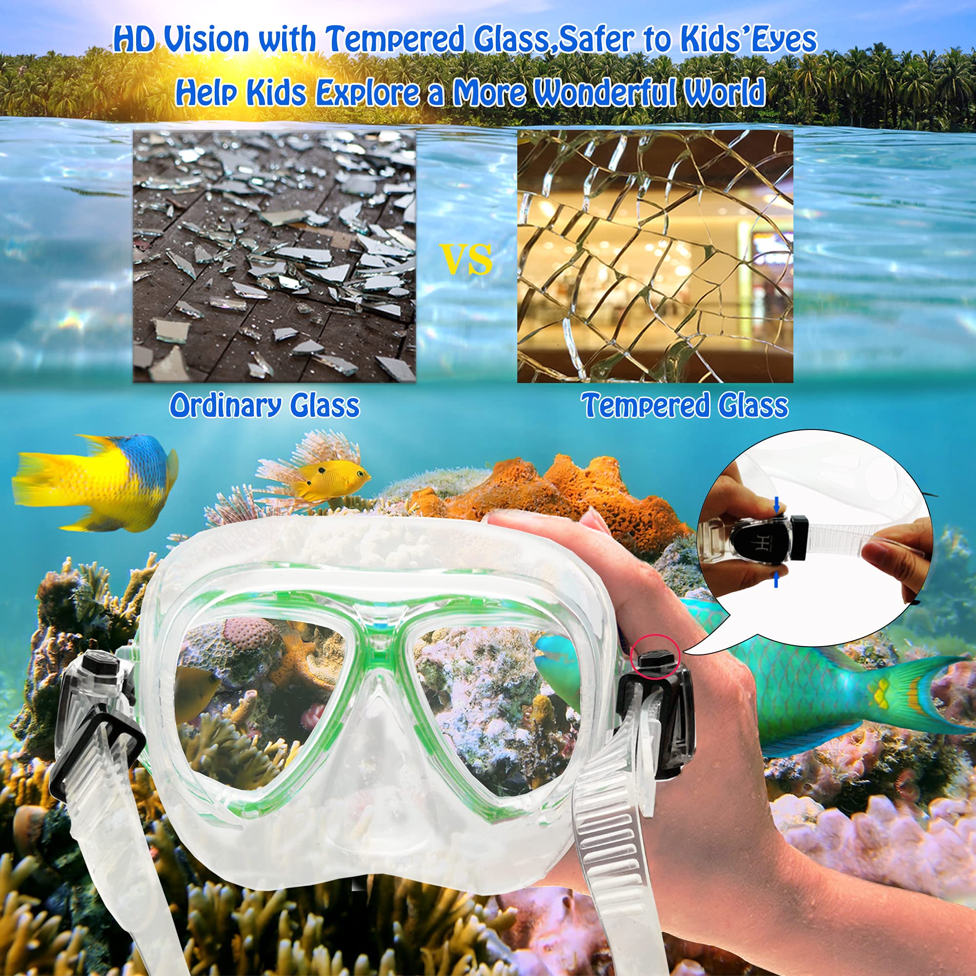 Kids Snorkeling Set with Fins Anti Leak Snorkeling Gear for Kids with Adjustable Flippers, Youth Junior Full Dry Snorkel Set Swimming Goggles with