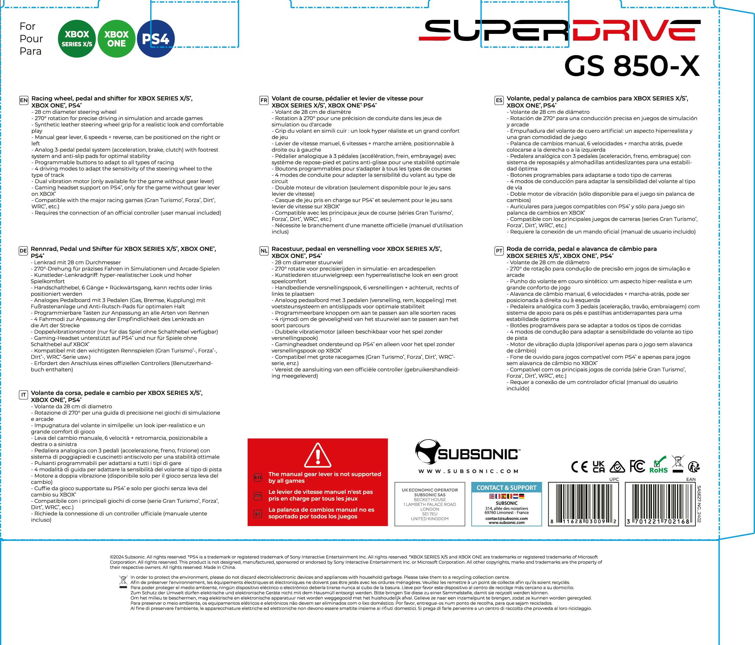 Subsonic Superdrive GS950X 900° racing wheel with manual shifter, 3 pedals and paddle shifters for Xbox Serie X/S, PS4, Xbox One (programmable)