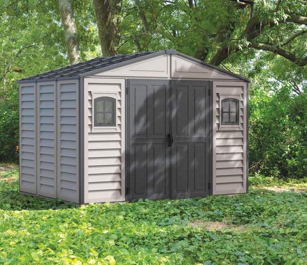 Duramax WoodSide 10 x 8 (8.02 m2) Plastic Garden Shed with 3 Fixed Windows & Metal Foundation Kit, Strong Metal Roof Structure Fire Retardant and Maintenance-Free Storage Shed - Ivory/Brown