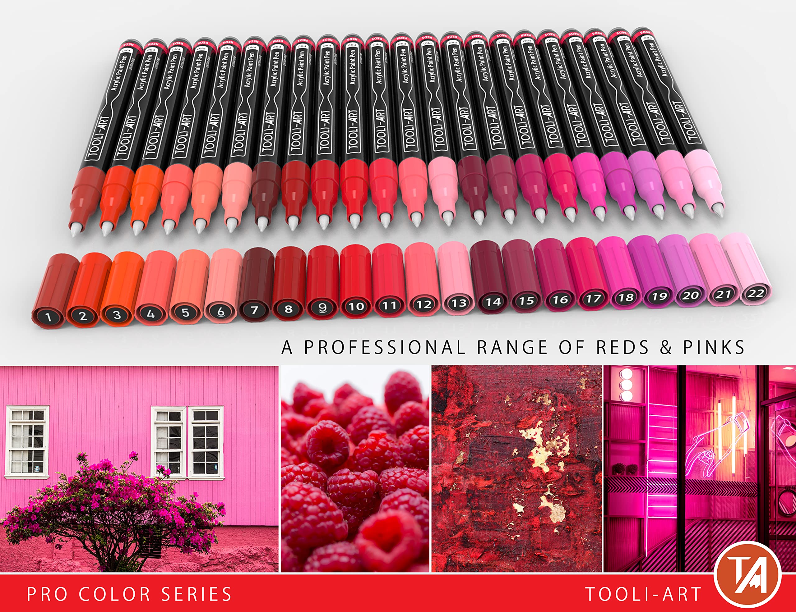 Acrylic Paint Pens 22 Red & Pink Tones Assorted Pro Colour Series Markers Set 0.7mm Extra Fine Tip for Rock Painting, Glass, Mugs, Wood, Metal,