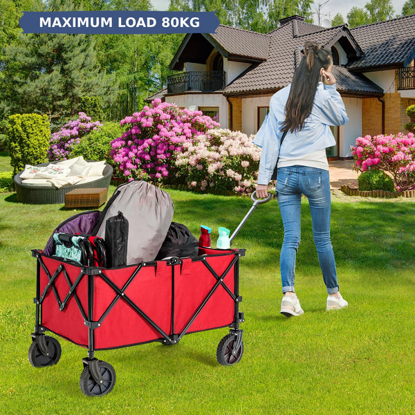 COSTWAY Folding Camping Wagon, Collapsible Beach Garden Trolley with Cup Holders and Adjustable Handle, Canvas Transport Utility Cart for Shopping Gardening Sporting Events (Navy Blue)