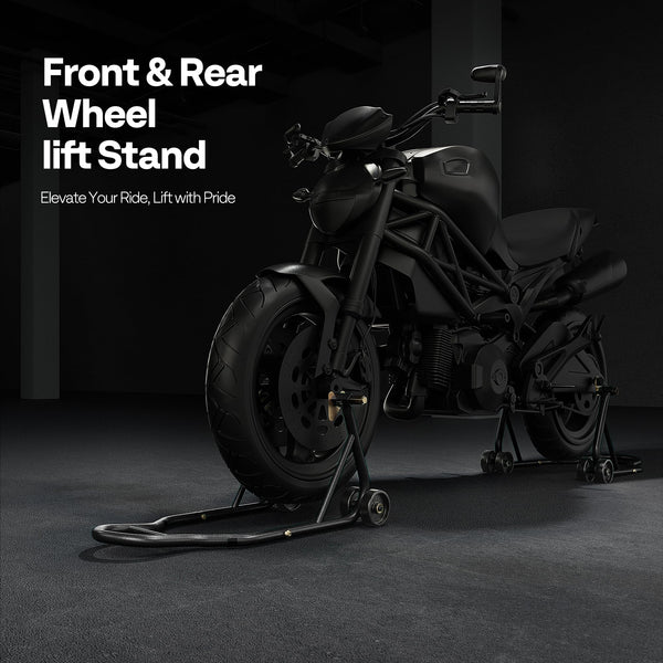 SPECSTAR Motorcycle Paddock Stand Combo 400kg Capacity Front and Rear Wheel Lift with U & L Fork Adjustable Swingarm Spool Stands for Motorbike Garage Repair Use Scissor Stand with 4 Wheels