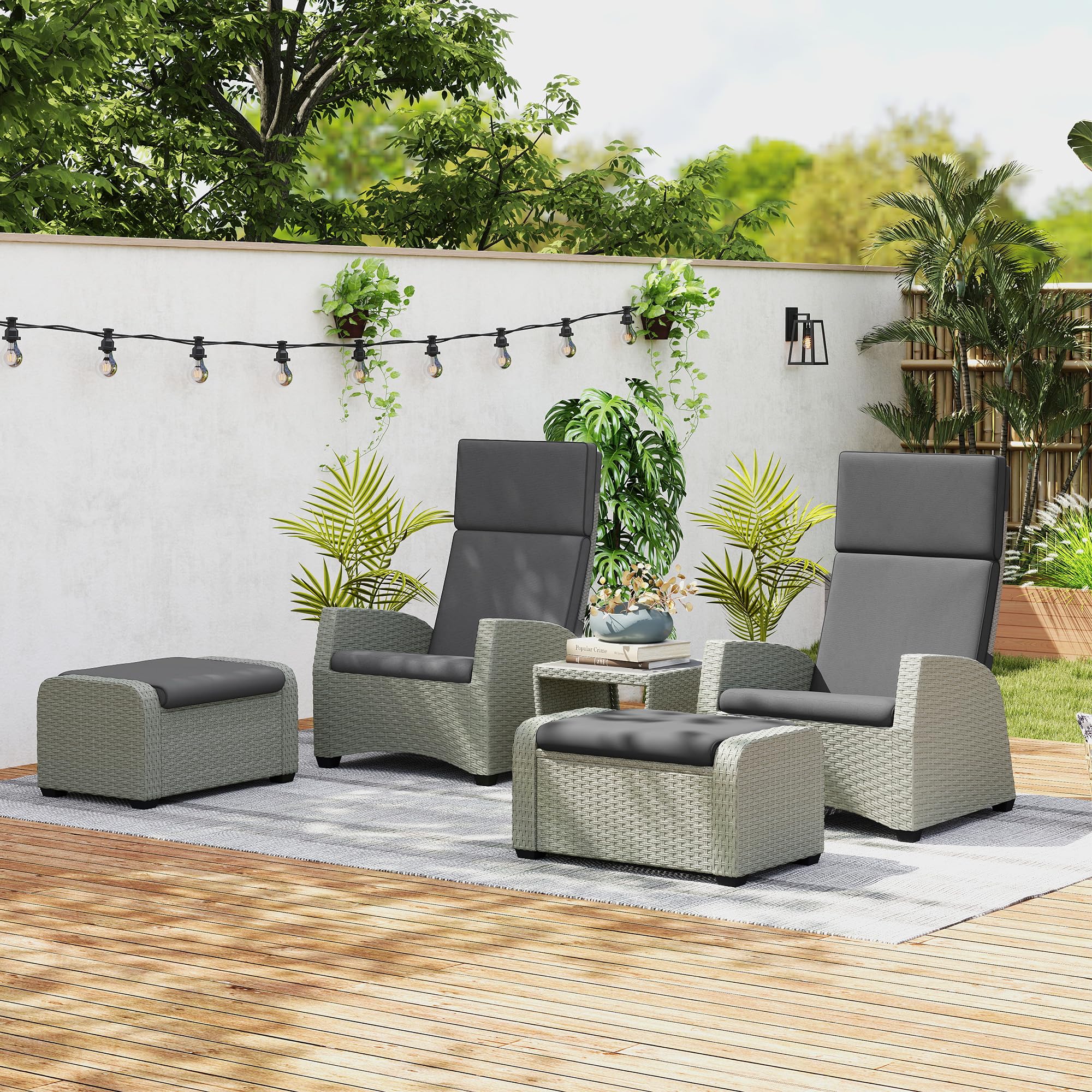 Outsunny 5 Piece Rattan Garden Furniture Set, Garden Reclining Rattan Chairs Set of 2 with Wood-Plastic Composite Table, Footstools and Thick Cushions for Balcony, Patio, Charcoal Grey