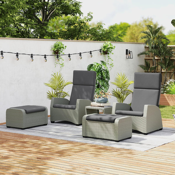 Outsunny 5 Piece Rattan Garden Furniture Set, Garden Reclining Rattan Chairs Set of 2 with Wood-Plastic Composite Table, Footstools and Thick Cushions for Balcony, Patio, Charcoal Grey
