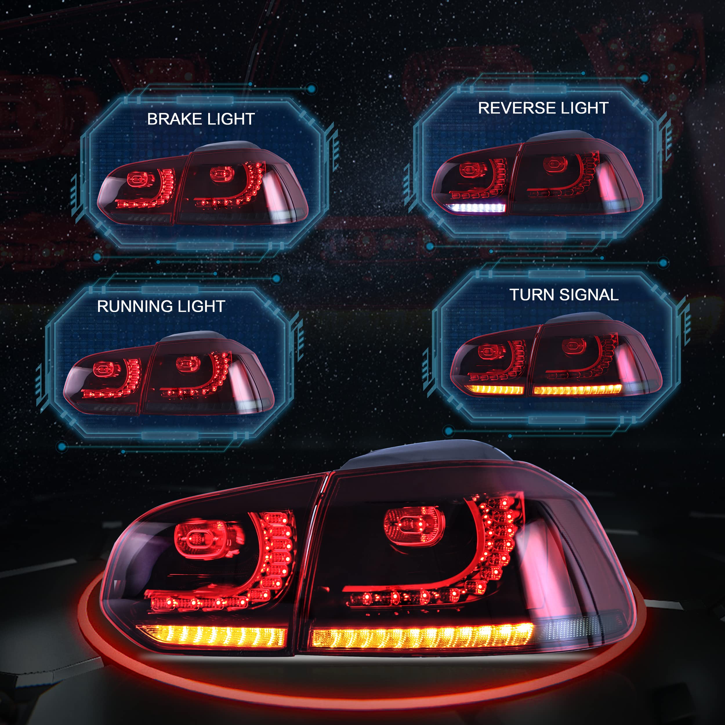 VLAND LED Tail Lights Fit for 2008-2013 Volkswagen Golf 6 MK6 TSI TDI GTD R(not for GTI/Variant/Cabriolet), Rear Lights with Sequential Turn Signal Indicators, E-mark, Red Smoked