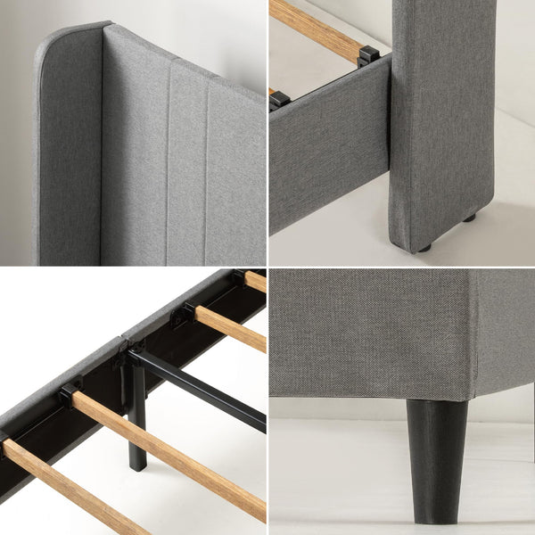 Zinus Sasha Super King Bed frame - Bed 180x200 cm - 25 cm Height - Upholstered Platform Bed frame with Wingback Headboard - Medium Grey