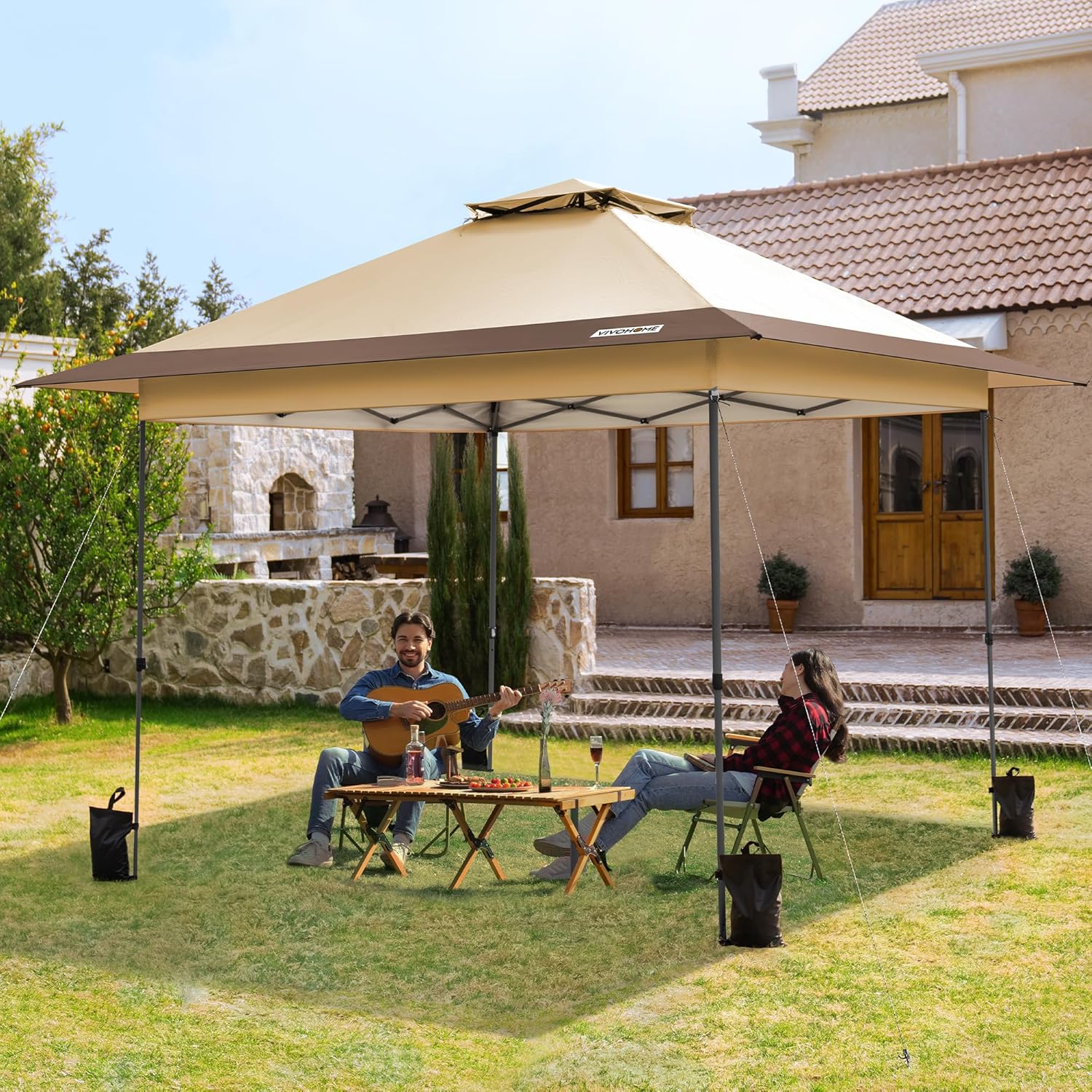 VIVOHOME Canopy Tent 3x3m Outdoor Shelter 2 Tiers Roof with Portable Wheel Carry Bag and 4 Sandbags Pop Up for Patio Garden Backyard