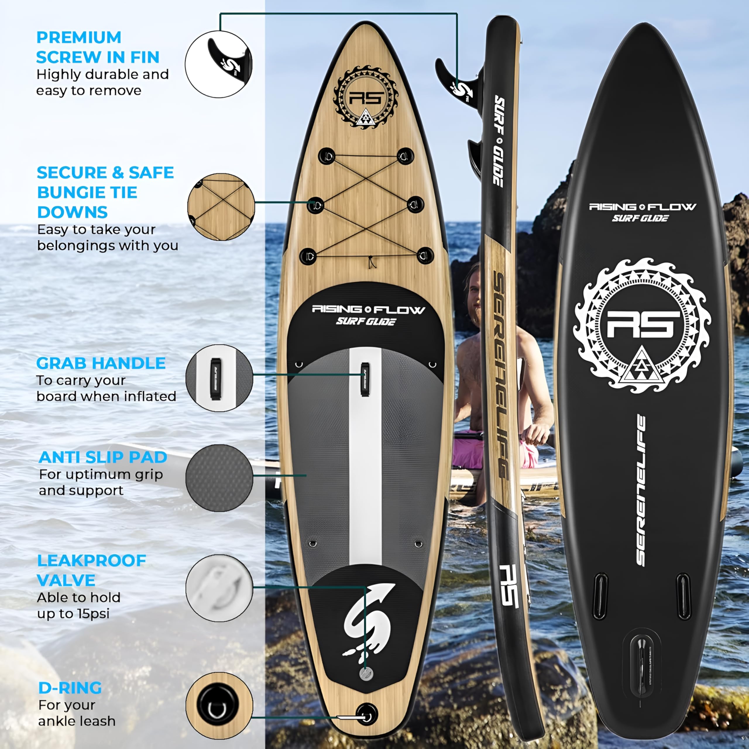 SereneLife Inflatable Stand Up Paddle Board, SUP Board- Paddleboards for Adults & Youth, Surfing Board Kit, 0.63cm Thick Standup Paddleboarding, Non-Slip Deck, Wide Stance, Surf Control w/Backpack