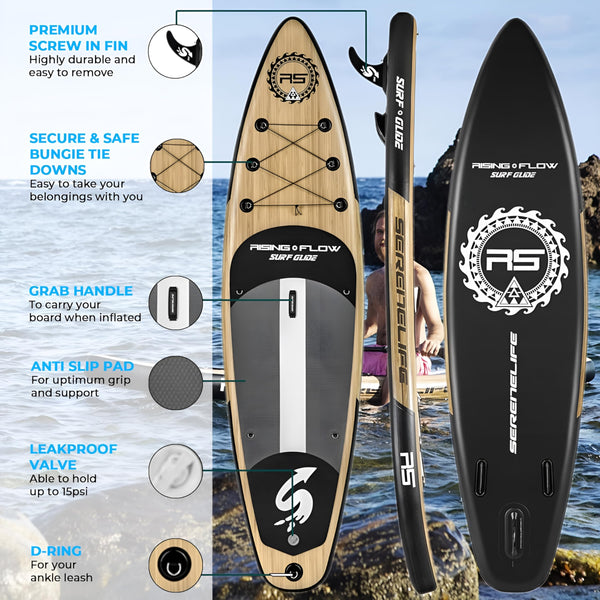 SereneLife Inflatable Stand Up Paddle Board, SUP Board- Paddleboards for Adults & Youth, Surfing Board Kit, 0.63cm Thick Standup Paddleboarding, Non-Slip Deck, Wide Stance, Surf Control w/Backpack